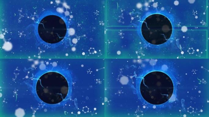 黑色圆形横幅上漂浮的分子结构，蓝色背景下的复制空间