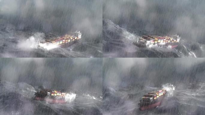 风雨如磐的海洋中带有集装箱的大型货船