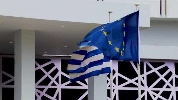 希腊蓝白旗和欧洲欧盟旗罗德希腊。