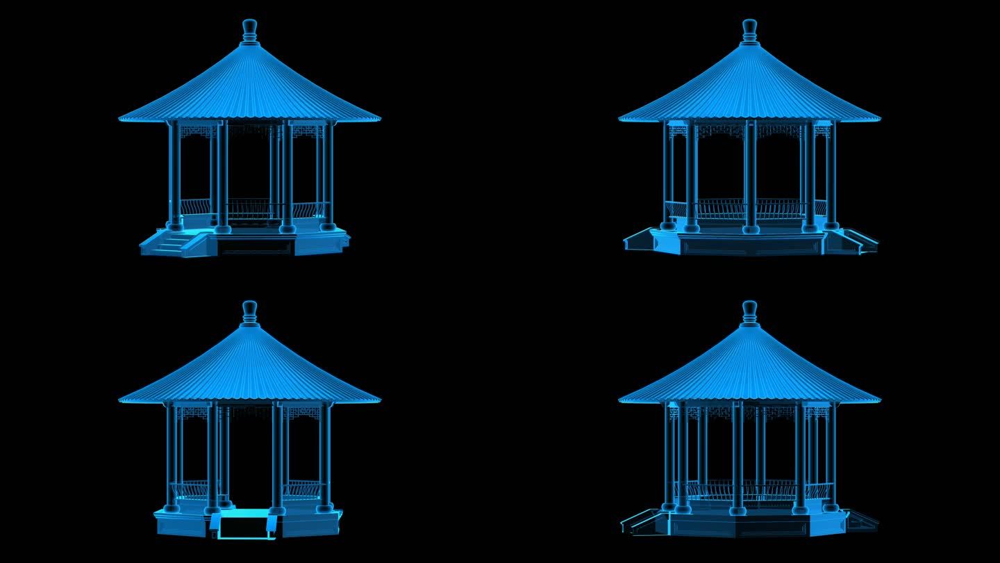 中式风格八角亭全息蓝色科技通道素材