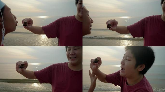 亚洲男孩在日出的海滩上抓手里的寄居蟹。男孩告诉他的妹妹寄居蟹，生活方式的概念。