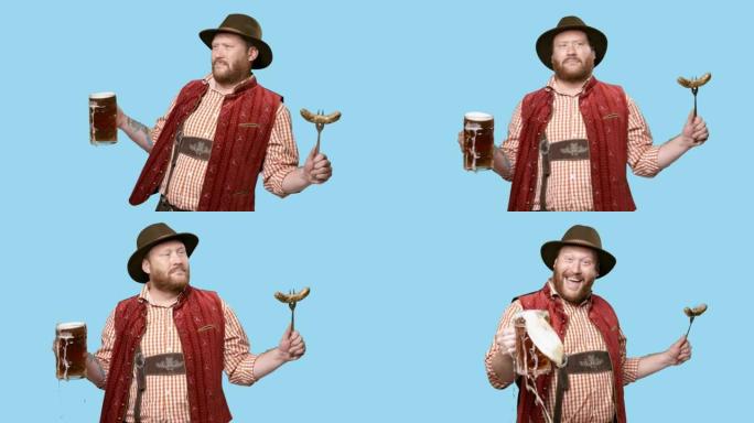 好时光。啤酒节-戴着帽子的年轻快乐微笑的男人，穿着传统的巴伐利亚服装，啤酒和香肠在节日的色彩背景上。