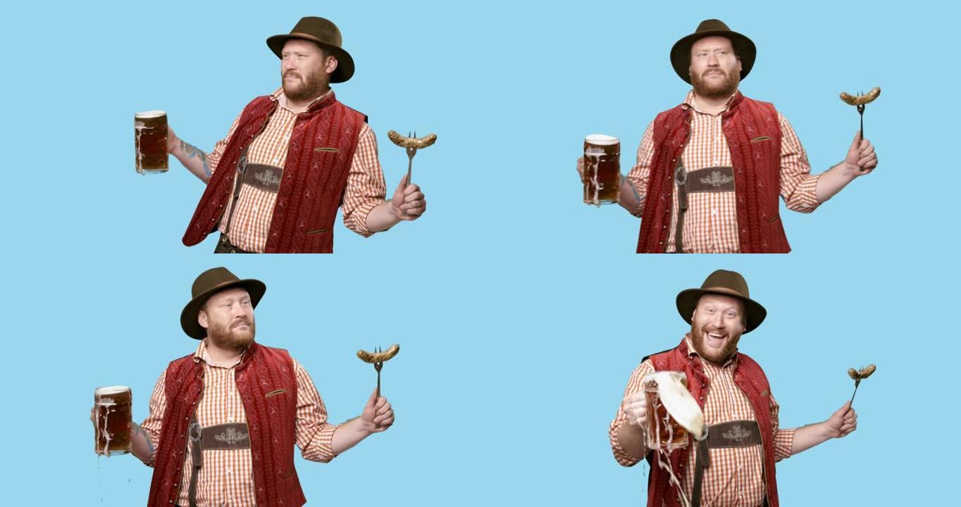 好时光。啤酒节-戴着帽子的年轻快乐微笑的男人，穿着传统的巴伐利亚服装，啤酒和香肠在节日的色彩背景上。