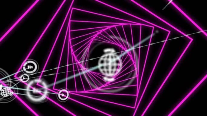 黑色背景上霓虹粉色发光隧道的数字图标网络数字动画