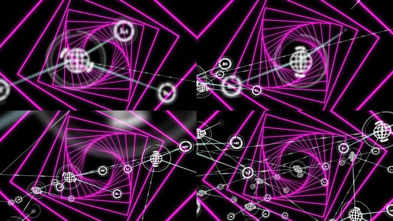 黑色背景上霓虹粉色发光隧道的数字图标网络数字动画