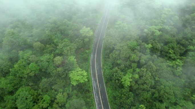 空中无人机电影拍摄的汽车和道路在早上下雨后越过山顶，有雾和绿色森林。