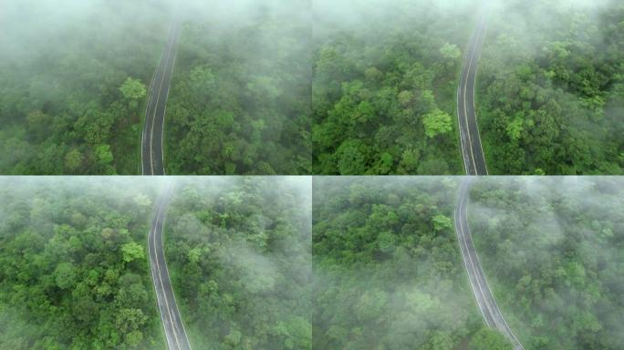 空中无人机电影拍摄的汽车和道路在早上下雨后越过山顶，有雾和绿色森林。