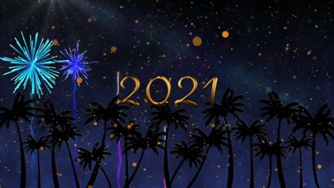 烟花和棕榈树上的动画2021年文本
