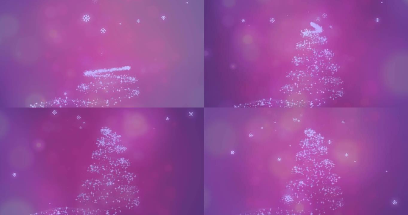 雪花落在发光的圣诞树上的动画