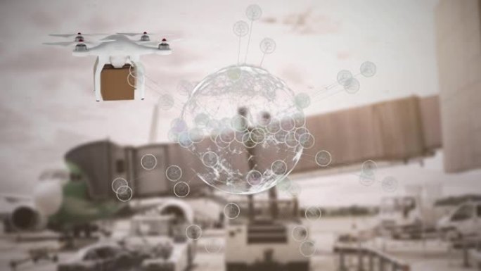 无人机与机场停机坪上包裹的连接网络动画