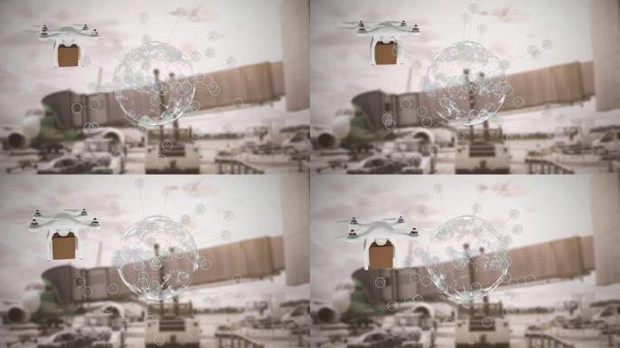 无人机与机场停机坪上包裹的连接网络动画
