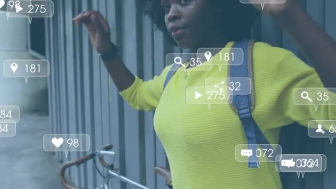 社交媒体通知的动画显示，非洲裔美国妇女站在街上骑自行车