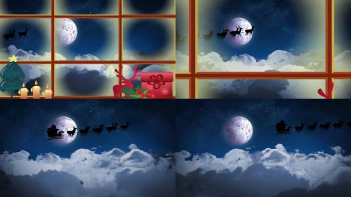 月亮和夜空上的圣诞老人雪橇的动物