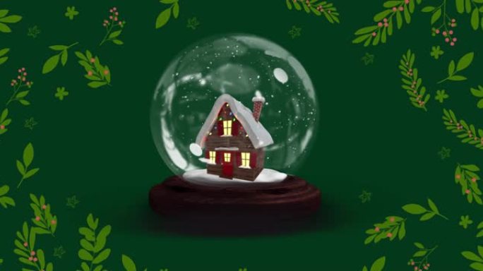 圣诞节在树叶上有房子的雪球动画