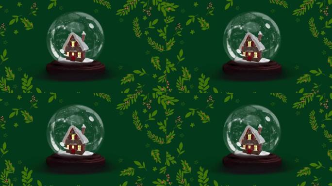 圣诞节在树叶上有房子的雪球动画