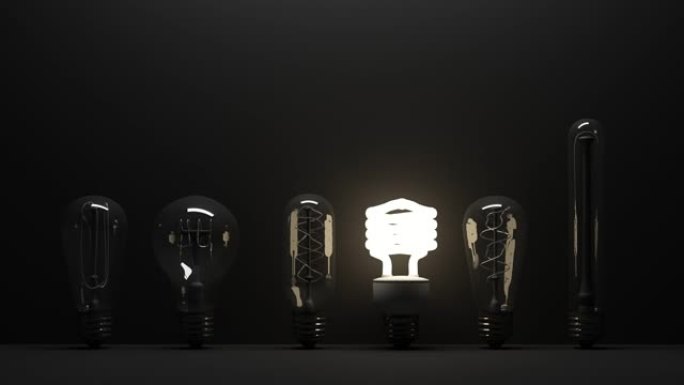开和关灯泡发光荧光灯LED隔离在白炽灯周围的黑色墙壁背景节能概念和想法3D渲染动画循环