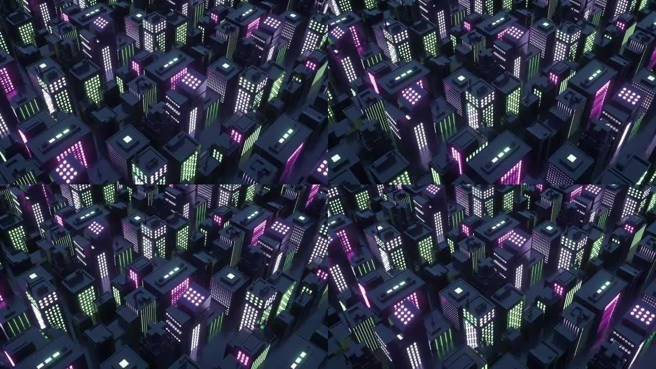 抽象城市虚拟现实。未来运动图形。紫外线霓虹灯发光。霓虹灯城市的复古未来80年代风格。VJ synth