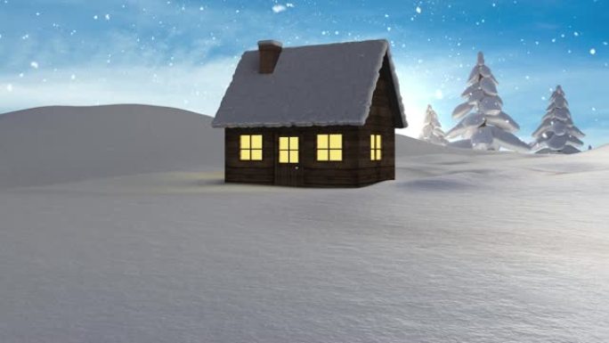 雪落在冬天的风景上，房屋和树木在蓝天下