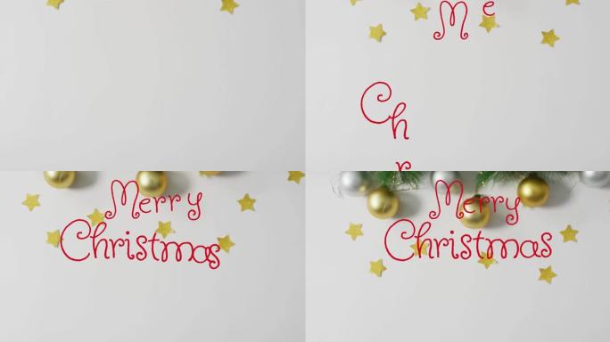 星星掉落在白色背景上的圣诞快乐文本上的动画