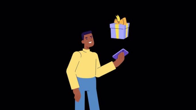 手持手机和礼物盒的男性角色弹出。2d平面动画。礼品赠送，移动营销，从商店赚取奖品，奖金或奖励。在线礼
