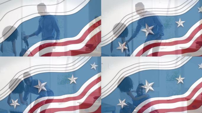美国国旗在非洲裔美国人父亲和女儿玩耍的动画
