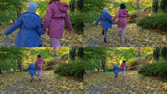 两个年轻的姐妹朋友女孩在美丽的秋天在城市公园小巷里奔跑和跳跃