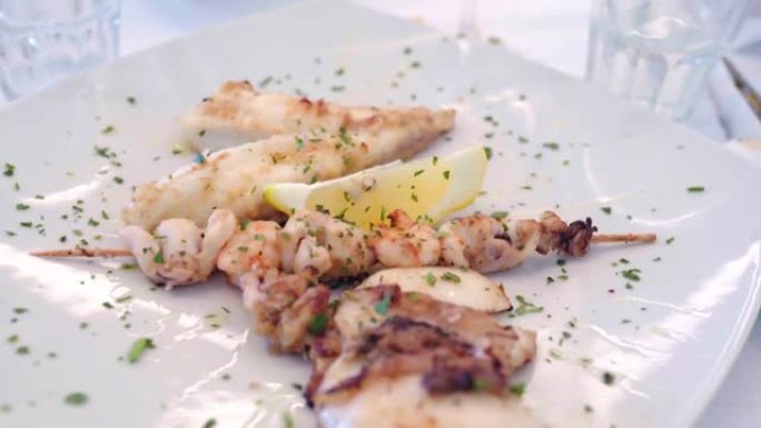 高级厨房美食，豪华餐厅的海鲜白盘。用新鲜欧芹块和柠檬片调味的烤虾和鱿鱼。美味昂贵的海鲜盘