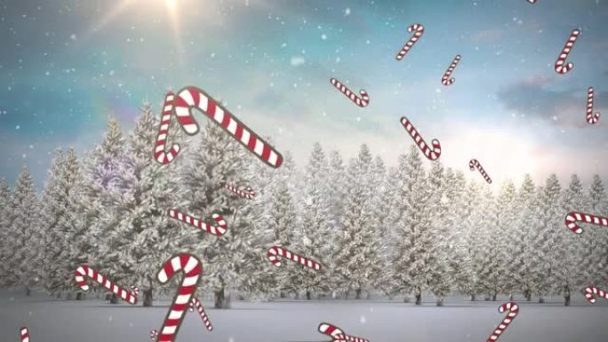 冬天风景下的雪和糖果手杖的动画
