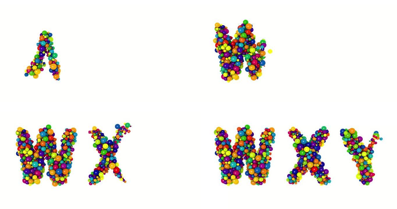 彩色字母W X Y.有趣的3D插图。光泽五彩装饰球文字。