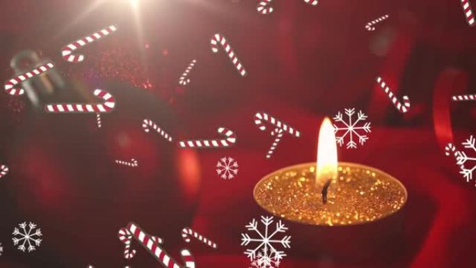 雪花飘落的动画圣诞快乐文本和圣诞蜡烛