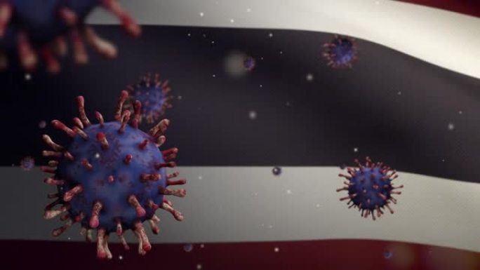 3D，流感冠状病毒漂浮在泰国国旗上。泰国和新冠肺炎疫情