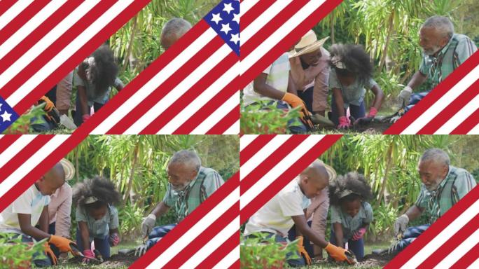 在花园工作的微笑家庭中的美国国旗动画