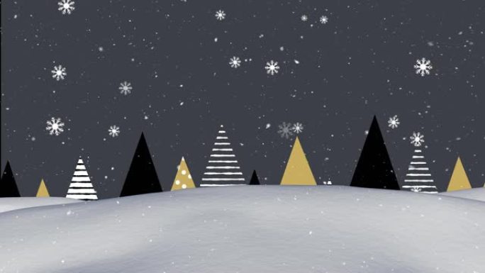 雪花落在灰色背景上的圣诞树图标上的冬季景观上