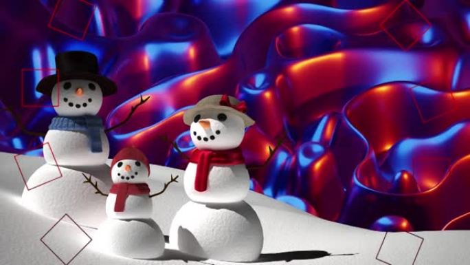 冬季景观上雪人家庭的红色装饰设计，抵御数字波浪