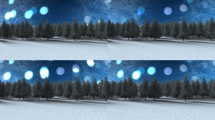 冬季景观上的多棵树与蓝色背景上的蓝色斑点