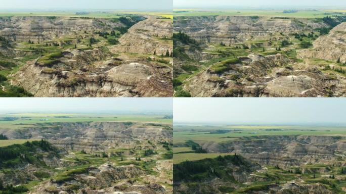 空中无人机拍摄了加拿大艾伯塔省德拉赫勒的马蹄峡谷荒地侏罗纪看起来像恐龙国家