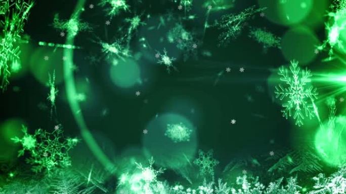 绿色背景上圣诞节摆设的雪花飘落的动画