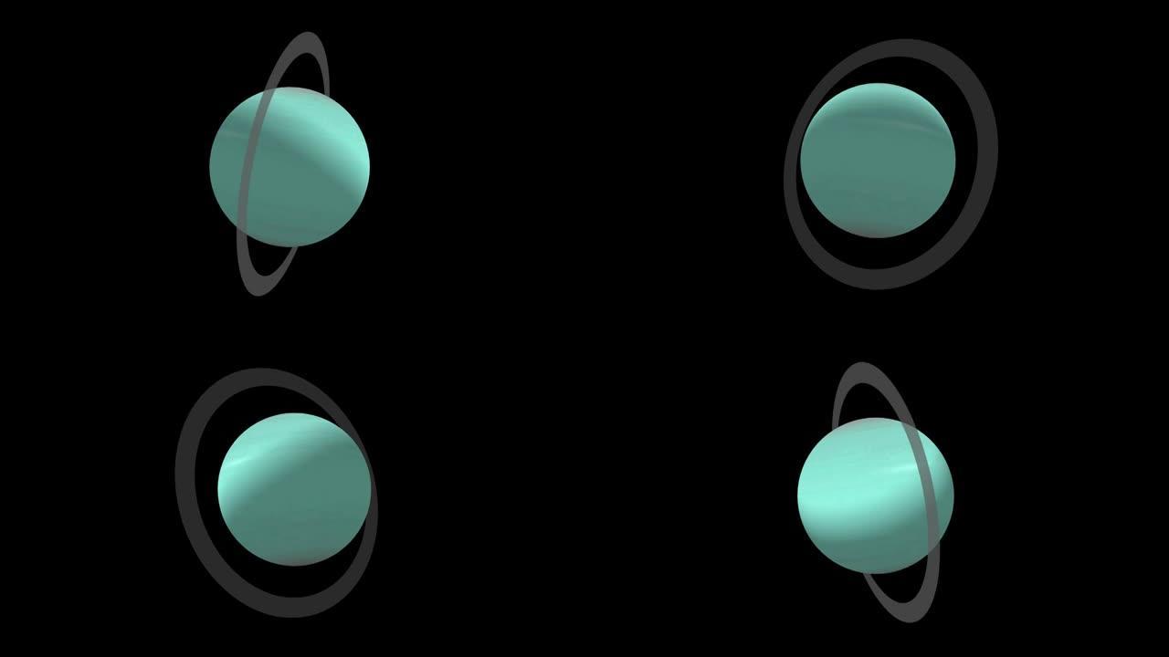 天王星行星在黑暗空间上的3D渲染。天王星行星带环，旋转动画。