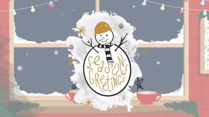 季节动画问候圣诞文本雪人和冬季雪窗