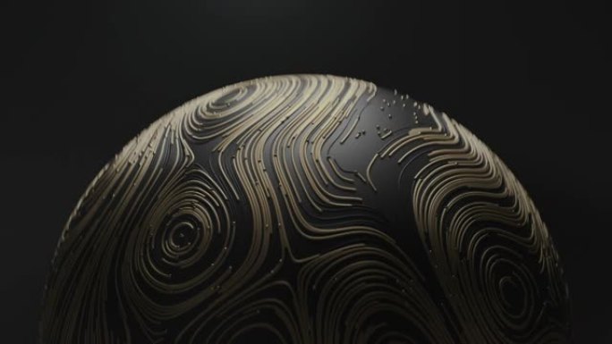 旋转金球，黑色背景上有圆形地形动画线条和粒子