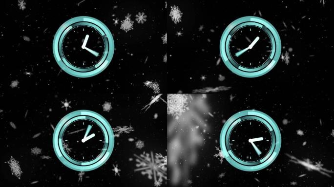 黑色背景上落雪移动的时钟动画