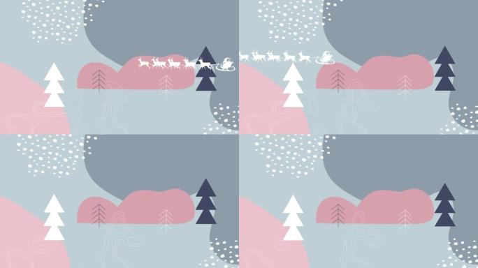 圣诞老人在雪橇上与驯鹿在矢量冬季景观上的动画