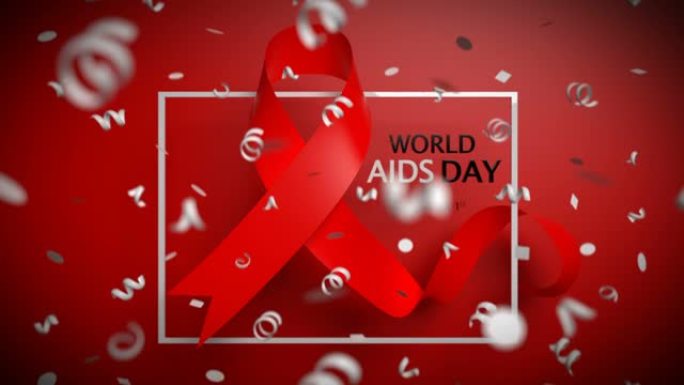 世界艾滋病日概念与红丝带和落下的五彩纸屑。红色背景上的循环3D动画