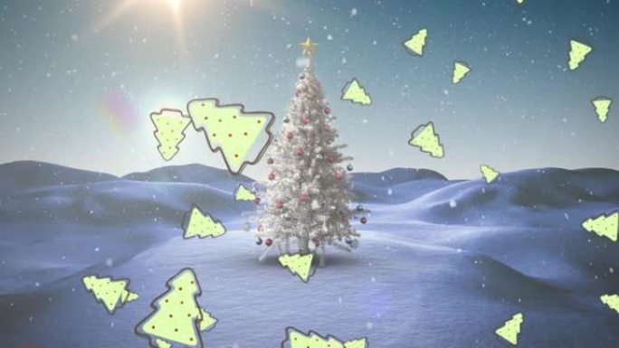 多个圣诞树图标落在冬天风景上的圣诞树上，雪落在圣诞树上。