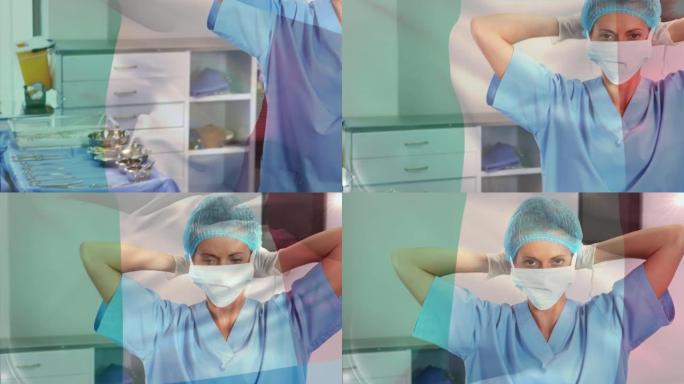 意大利国旗在手术室中挥舞着女外科医生的动画