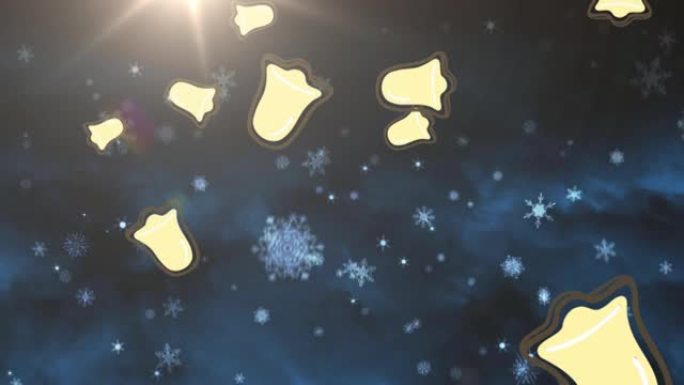 多个圣诞钟图标落在雪花图标和蓝色背景上的光斑上
