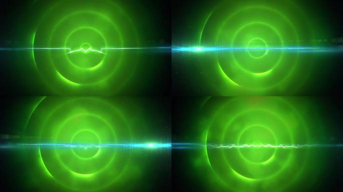 黑色背景上的蓝色光迹对抗绿色螺旋光迹的数字动画