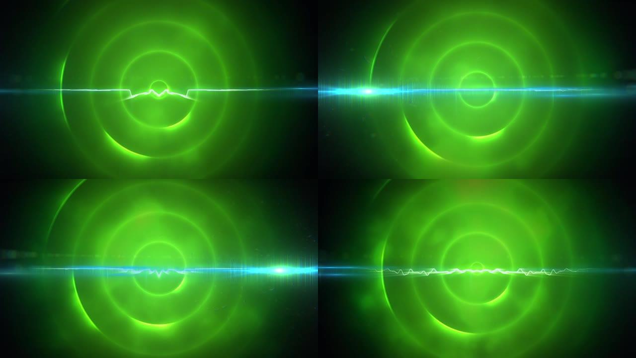 黑色背景上的蓝色光迹对抗绿色螺旋光迹的数字动画