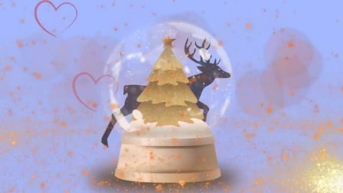 圣诞树周围的流星在雪球上，驯鹿奔跑和红心图标