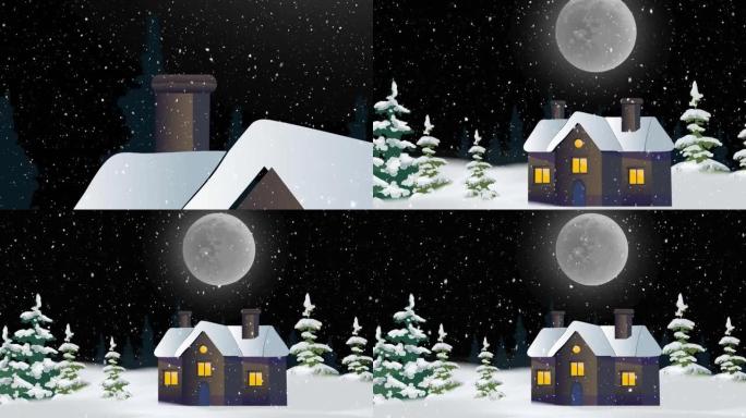 冬天风景下的雪落在房子和月亮上的动画